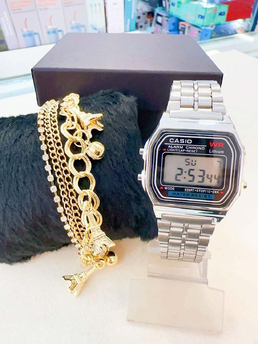 Relógio Cássio WR Retrô com CAIXA e PULSEIRA WR Prata Rose Dourado Digital Led Vintage Masculino Feminino Presente