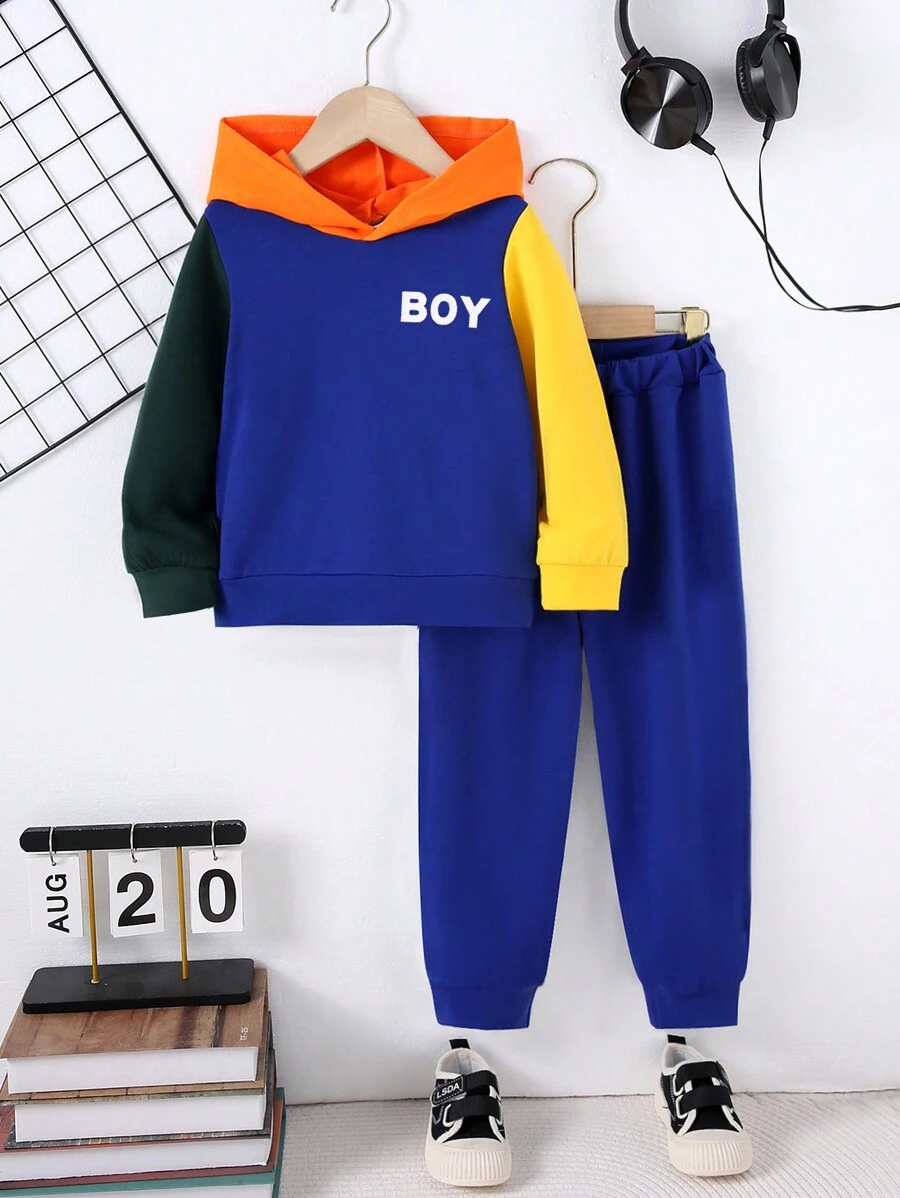 2 stuks Young Boy Casual Minimalist Letter Print Colorblock Hoodie & Effen Kleur Broek Set, Herfst Winter