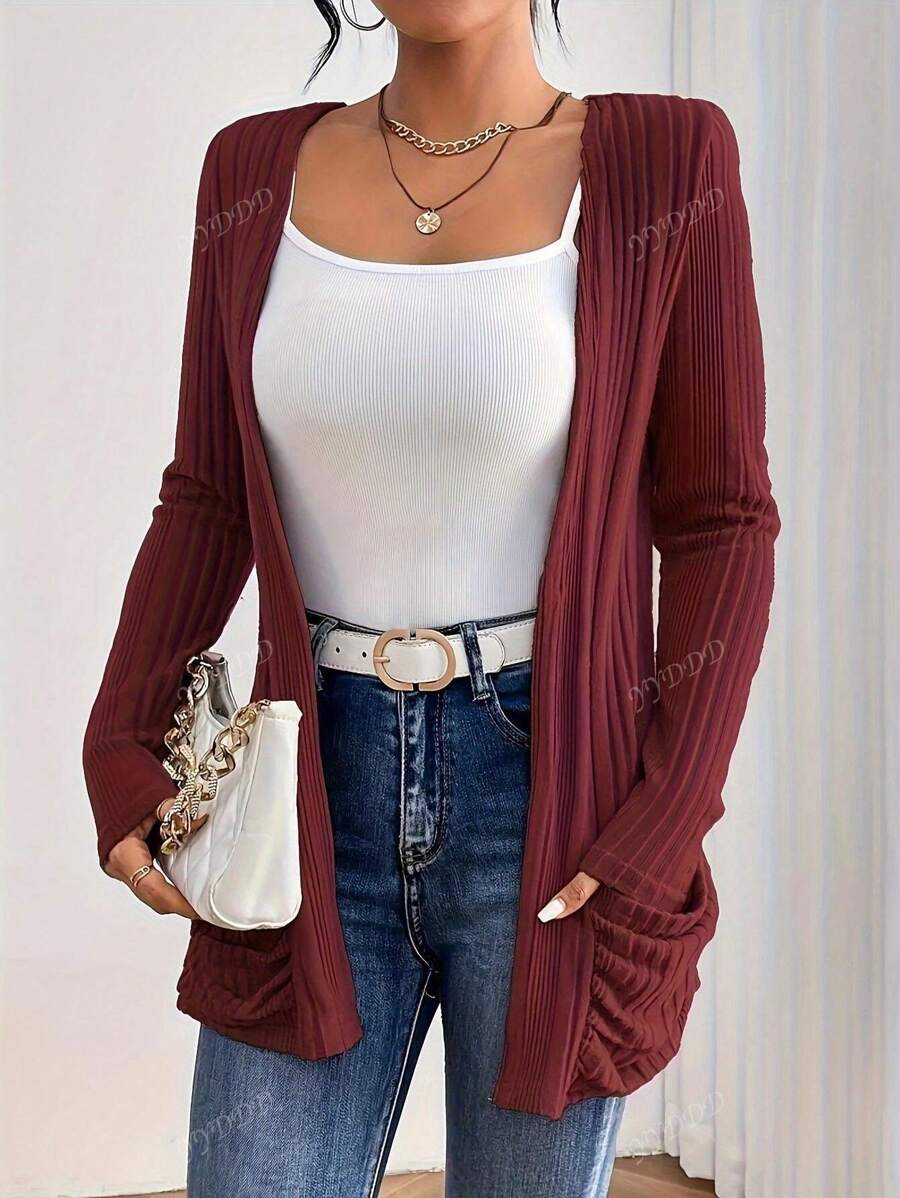 Plus Size Solid Color Cardigan With Pockets, Casual, Spring/Autumn
