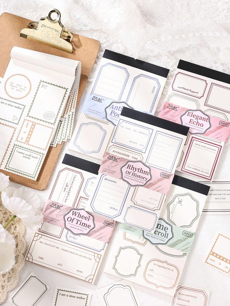 6 Books/Set (30 Sheets Per Book) Creative Stamp Shape Can Write Time Name Record Notepad Learning Stationery, Ancient Rhyme Blank Record Series Tearable Material Paper, Used For Note Scrapbook Diary Collage Classroom Notes Multifunctional Portable Book