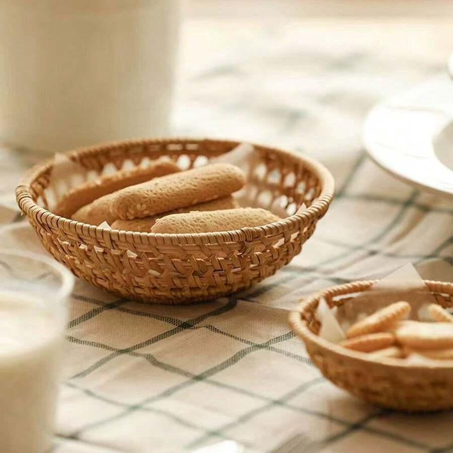 1pc 5.9/11 Inch Rattan Woven Hollow Snack Basket, Round Storage Bowl, Home Decor Fruit Plate