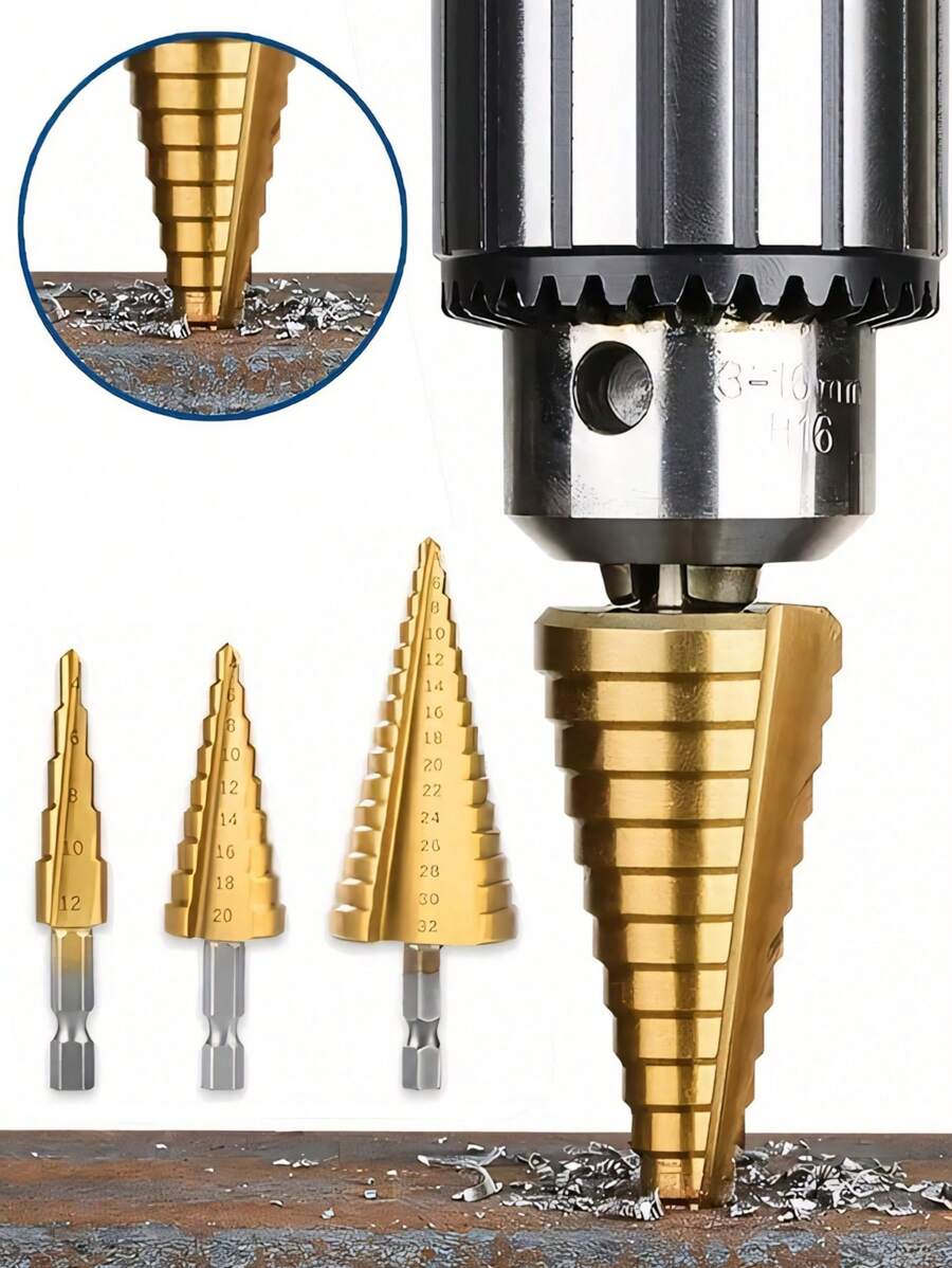 STONEGO Titanium Coated Step Drill Bit - 1/4" Hex Shank, HSS Cone Hole Cutter In Sizes 4-12mm, 4-20mm, 4-32mm For Aluminum, Insulating Board, PVC Board, And Wood,Tool Accessories
