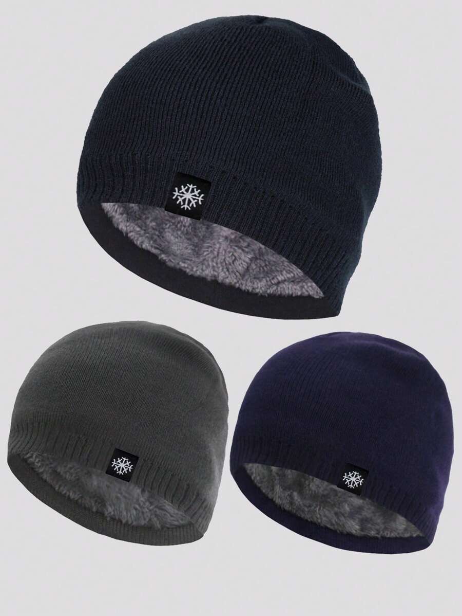 1pc Men's Dual Layer Thermal Lined Knit Cap, Solid Color Winter Warm Beanie Hat For Outdoor Sport, Travel, Riding, Casual Comfortable Snowflake Pattern Suitable For Daily Wear Halloween