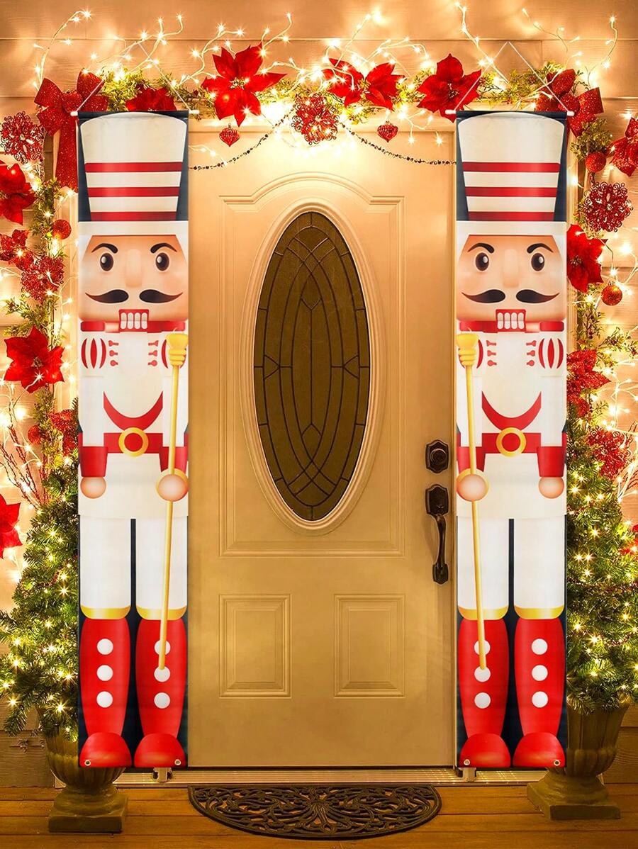 2 stuks vrolijk kerst polyester deur gordijn, 30 * 180 cm notenkraker soldaat banner deur couplet, vrolijke kerstversieringen voor thuis 2024 Noel kerst Natal geschenken nieuwjaar 2025, kerstversieringen banner voor voordeur tuin veranda tuin binnen buiten wandkleden decor, kerst