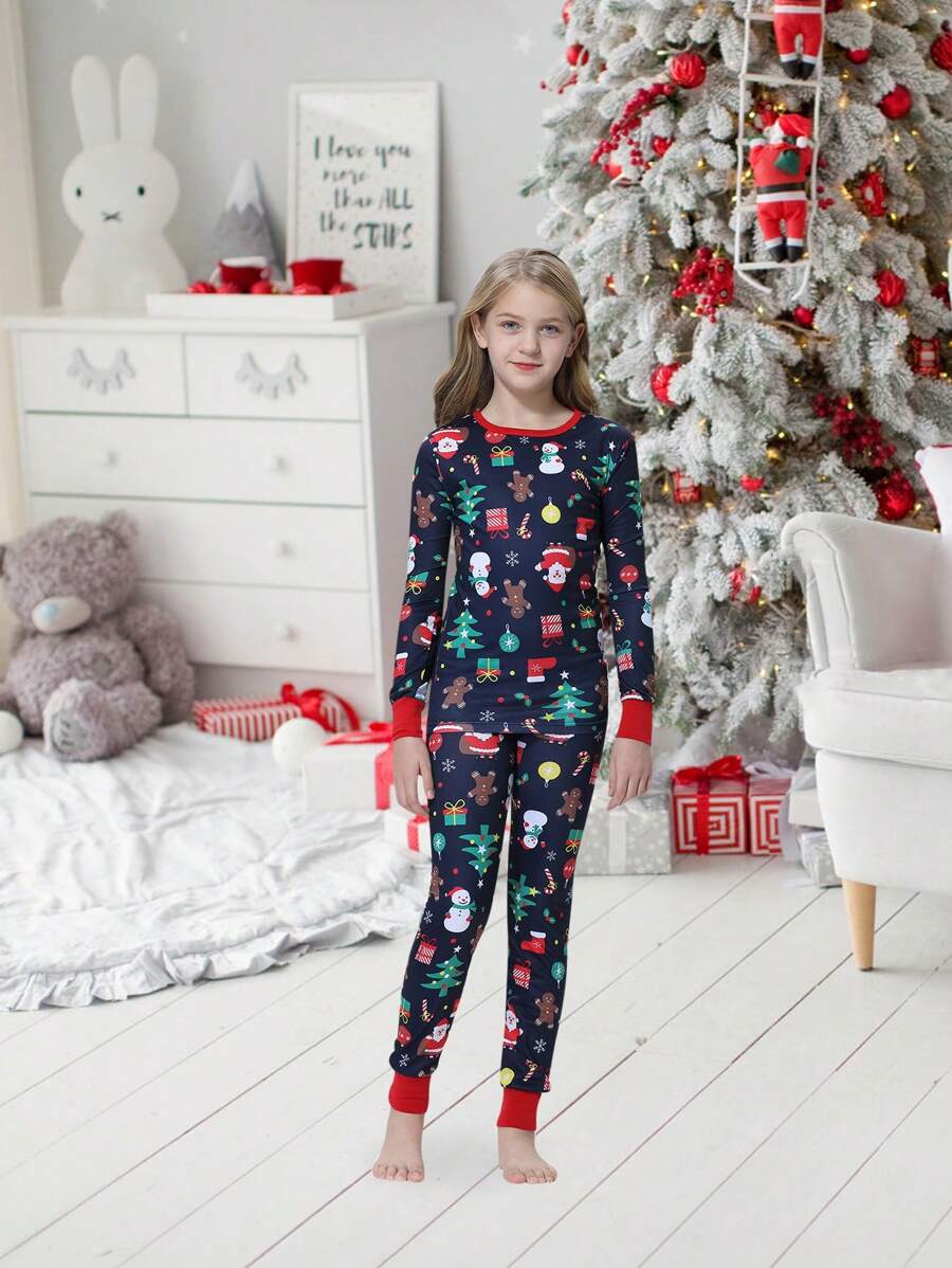 2pcs/Set Tween Girl Christmas Family Matching Snug Fit Pajamas - Fun Santa Claus Gift Print Long Sleeve Top And Pants Holiday Comfy Loungewear Set
