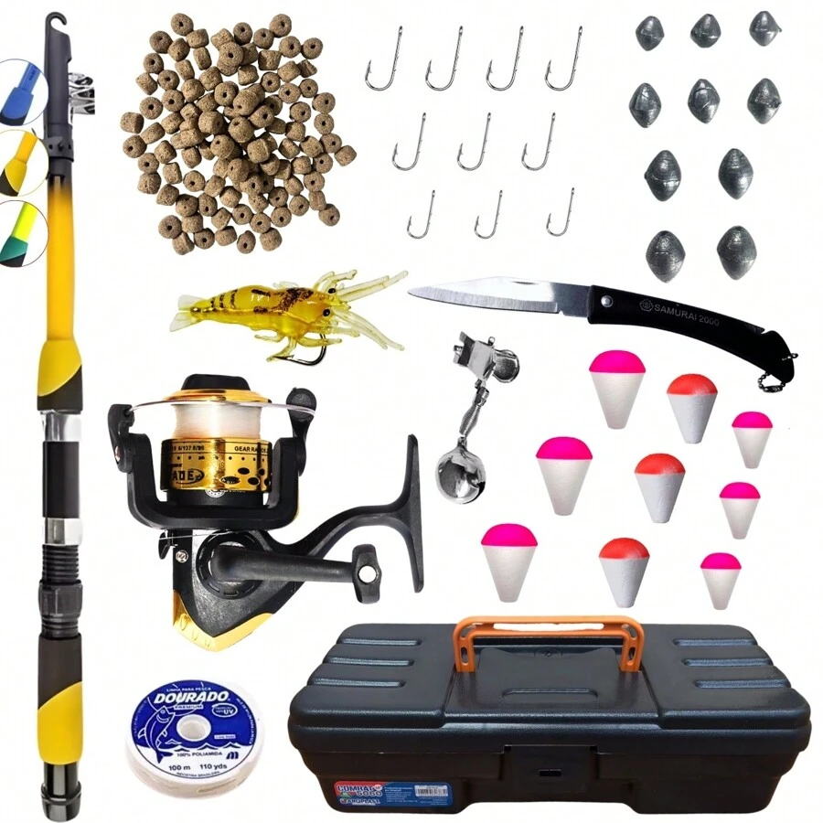 Kit Pesca Vara + Molinete Ultra Light + Maleta + Acessórios como isca camarão, boias, chumbadas, anzol, sino, canivete, ração e linha