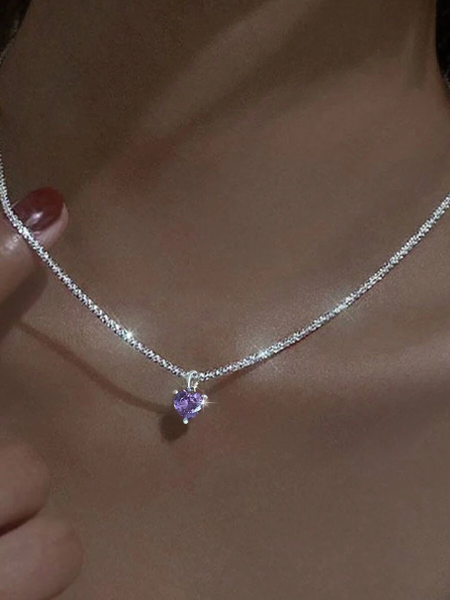 1 peça Moda Minimalista Luxo Brilhante Clavícula Corrente, Iridescente Roxo Coração Zircônia Pingente Colar Dia dos Namorados, Mãe, Mãe, Dia das Mães, Presente