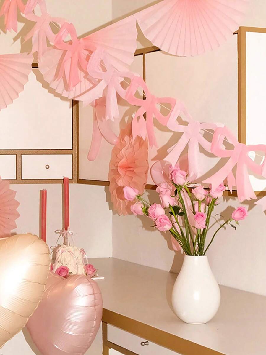 1pc Pink And Blue Paper Bow Flag, Cute And Sweet Decorative Banner For Birthday Party Decoration