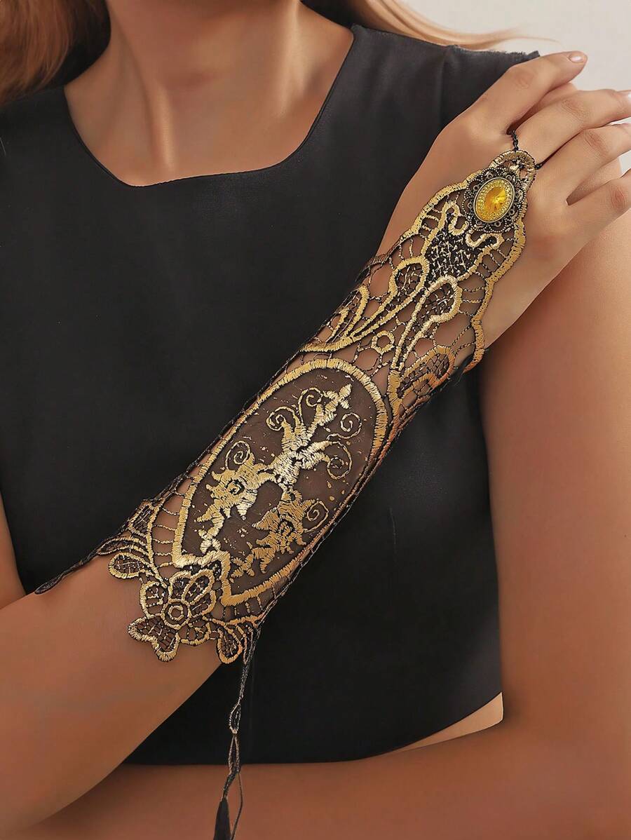 1 Peça Luva Vintage Estilo Barroco Dourada com Rendas e Pedras de Strass Embelezada, Acessório de Moda Y2K Soft Grunge Gótico, Adequada para Halloween, Ação de Graças, Eventos Formais, Casamentos, Viagens, Presentes no Dia dos Namorados