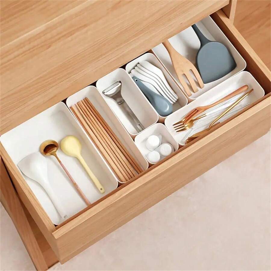 1 pièce Boîte de rangement de tiroir, organisateur de tiroir de bureau, boîte de rangement de tiroir de bureau en plastique transparent pour ustensiles de cuisine, fournitures de bureau et de papeterie