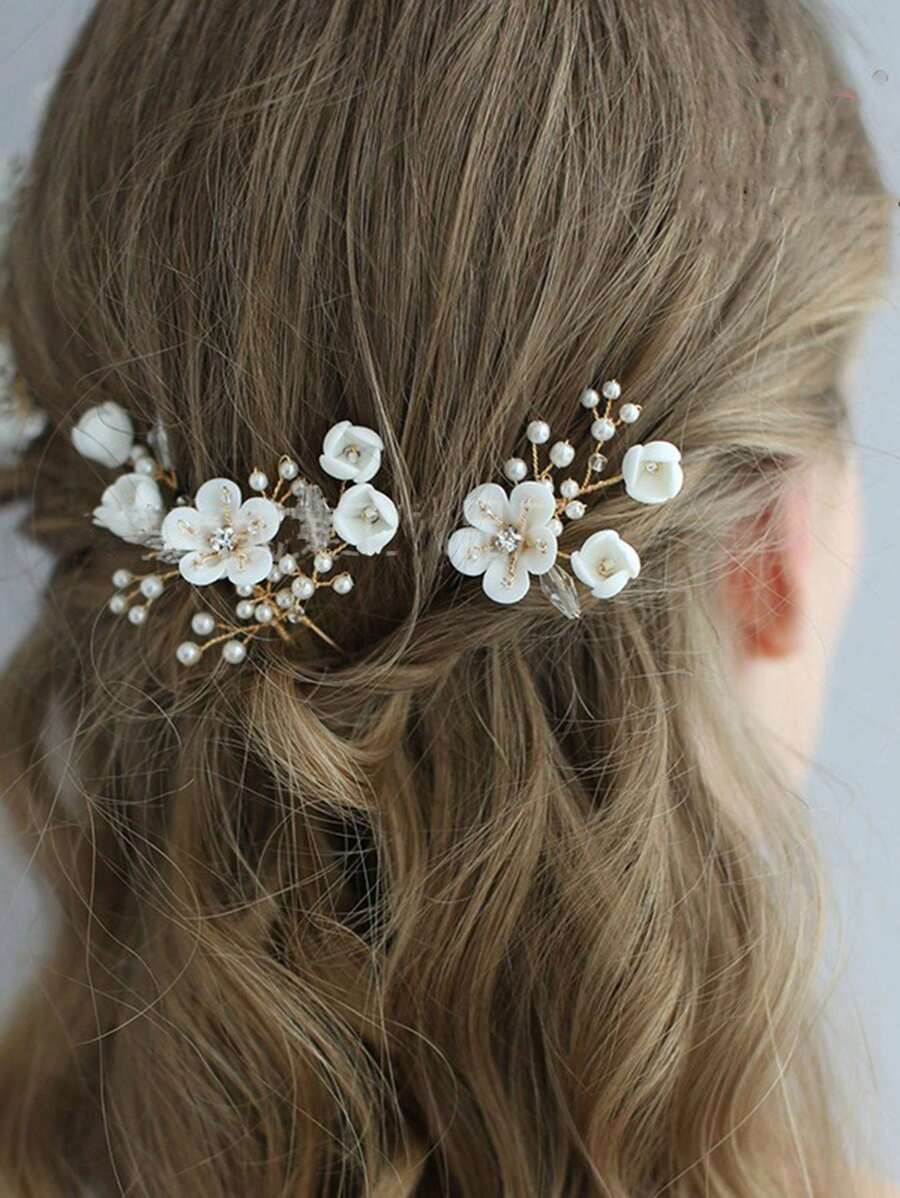 2pcs Handmade Bridal Hair Accessories Ceramic Pearl Flower Hair Clips For Wedding, Party & Holiday