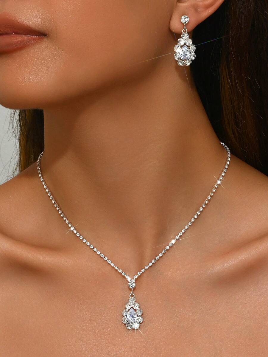 1 Set de joyas con collar y aretes con cristales de circonita completos y brillantes, apropiado para uso diario, fiestas y vestimenta de noche para mujeres