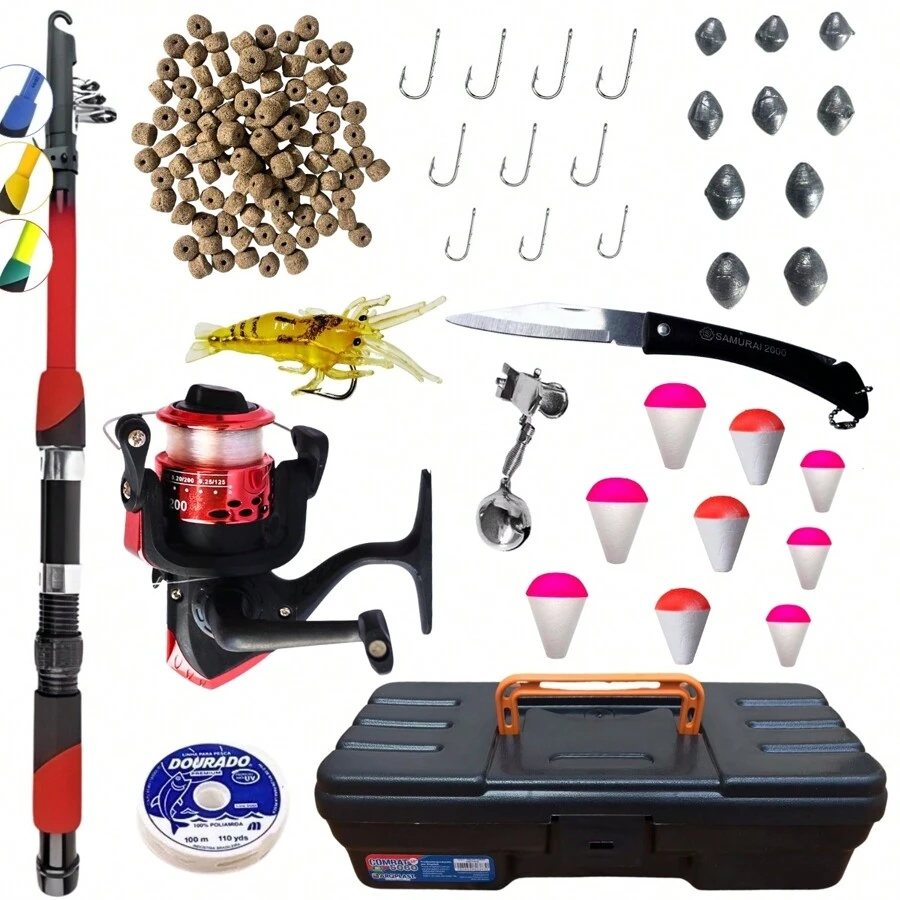 Kit Pesca Vara + Molinete Ultra Light + Maleta + Acessórios como isca camarão, boias, chumbadas, anzol, sino, canivete, ração e linha