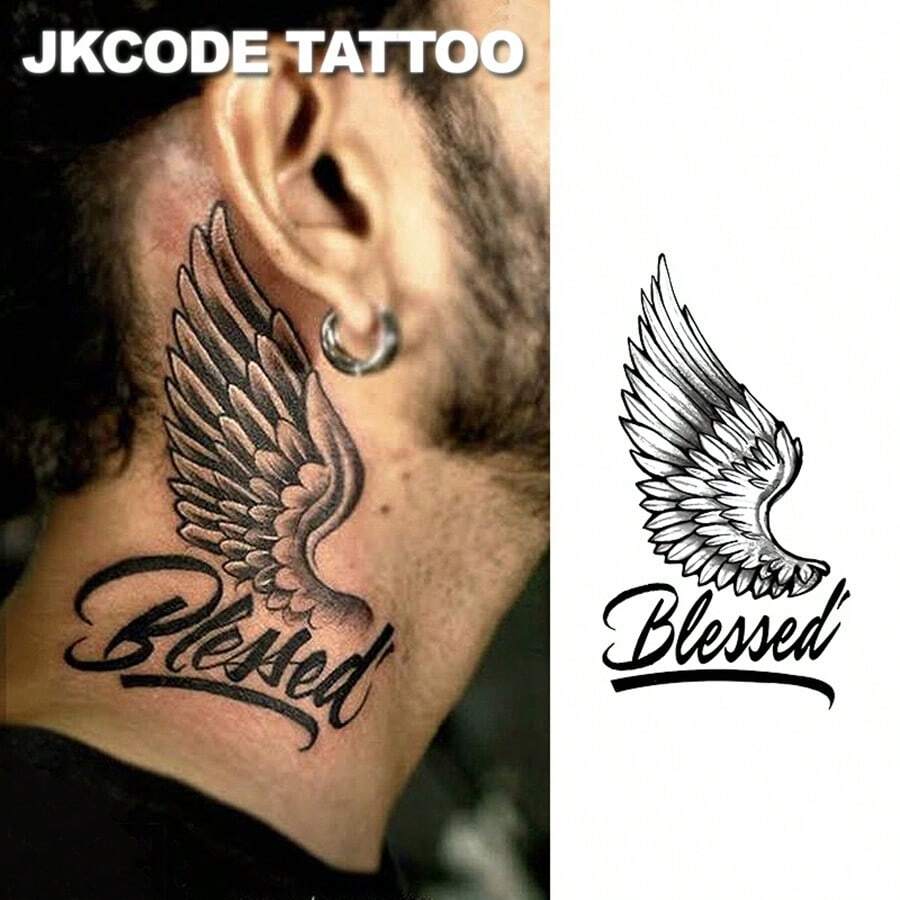JKCODE TATTOO Independent Designer Sacred Angel Wings & Letter Doodle, Herbal Dye Temporary Tattoo, 15-Day Realistic Tattoo Experience