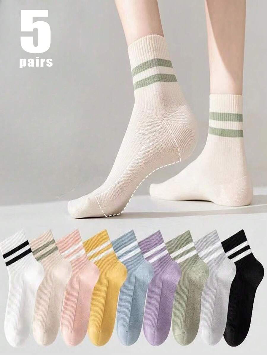 5 pares de calcetines de tripulación hasta el tobillo transpirables a rayas de color macaron para mujeres, surtido aleatorio