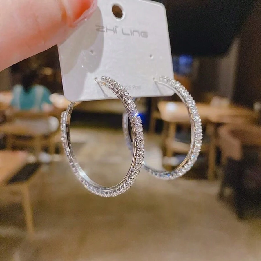 1pair Shiny Crystal Big Circular Hoop Earrings For Women, Silver & Colorful Round Rhinestone Jewelry Party Gift