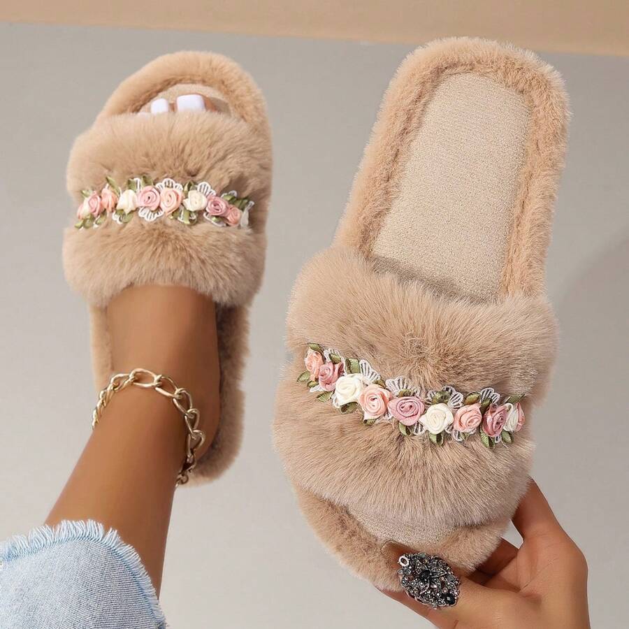 New Women's Plush Slippers, Fashion Comfy Faux Fur Slide Slippers, Flat Indoor Thong Slippers, Fluffy Slippers For Women