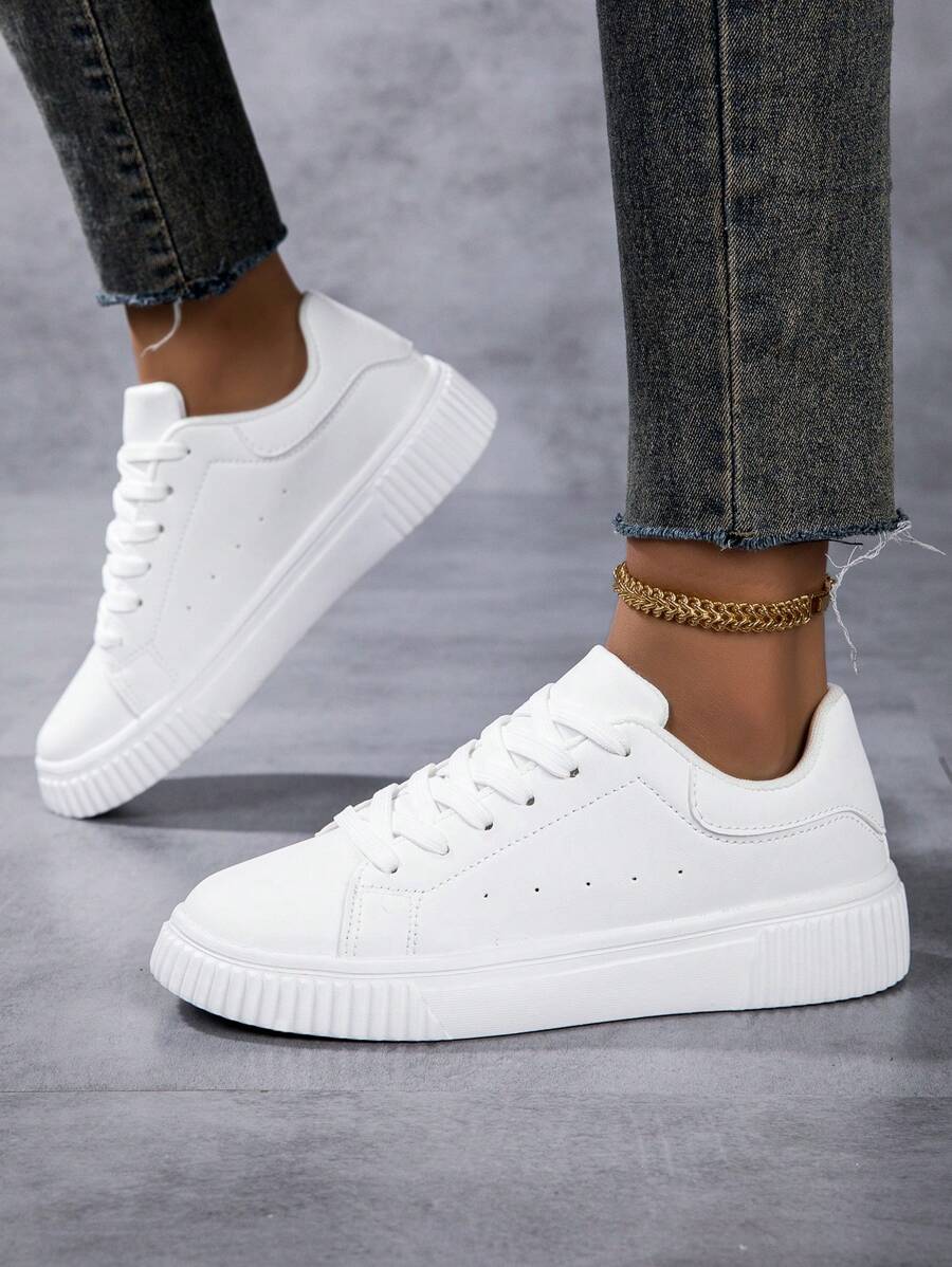 Scarpe da skate casual leggere e versatili da donna, con punta tonda bianca, traspiranti e con lacci, stile campus