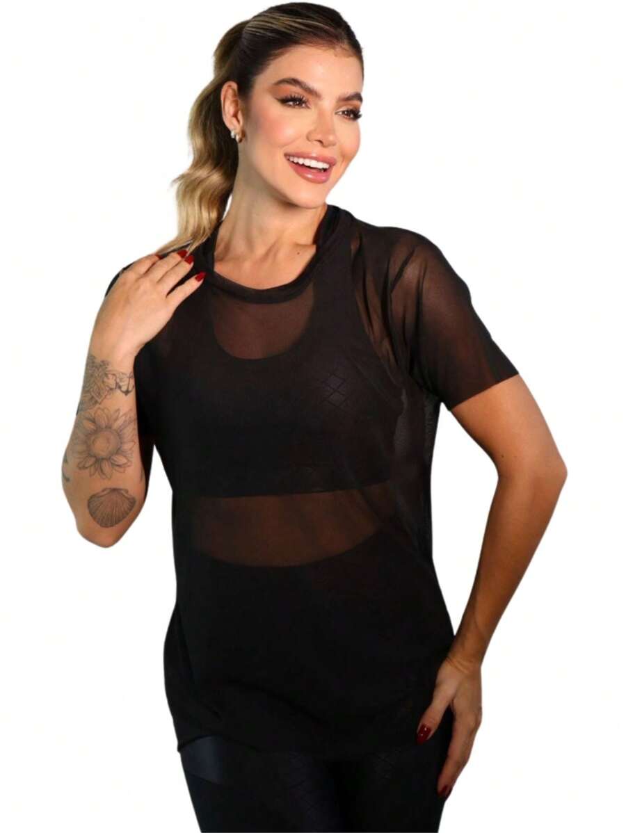 Blusa Tule Feminina Fitness Com Manga Fresquinha Transparente Academia
