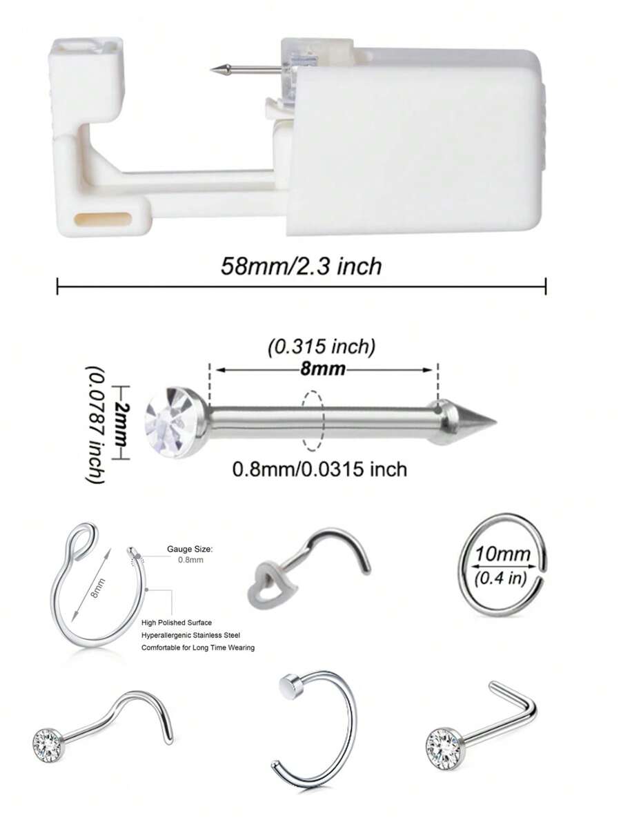 7pcs/Set Disposable Fashion Nose Piercing Gun Kit With Heart & Round Shape Replacement Nose Studs, Comfortable Valentines,Mom,Mother,Mother's Day,Gift