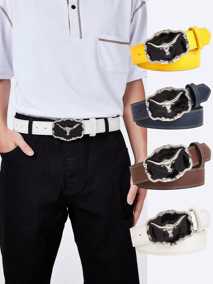 1 pieza Hebilla de metal con cabeza de toro vintage de moda negra para hombre, cinturón estampado en varios colores, accesorio versátil para vaqueros