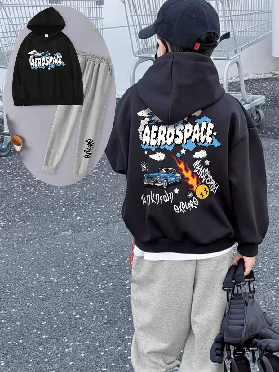 Outfit für Tween Jungen, bestehend aus 2 Stücke: Cartoon Auto Muster Sweatshirt + weite Jogginghose, Schlafanzug, Hoodie und baggy Jogginghose mit Taschen, Herbstmode