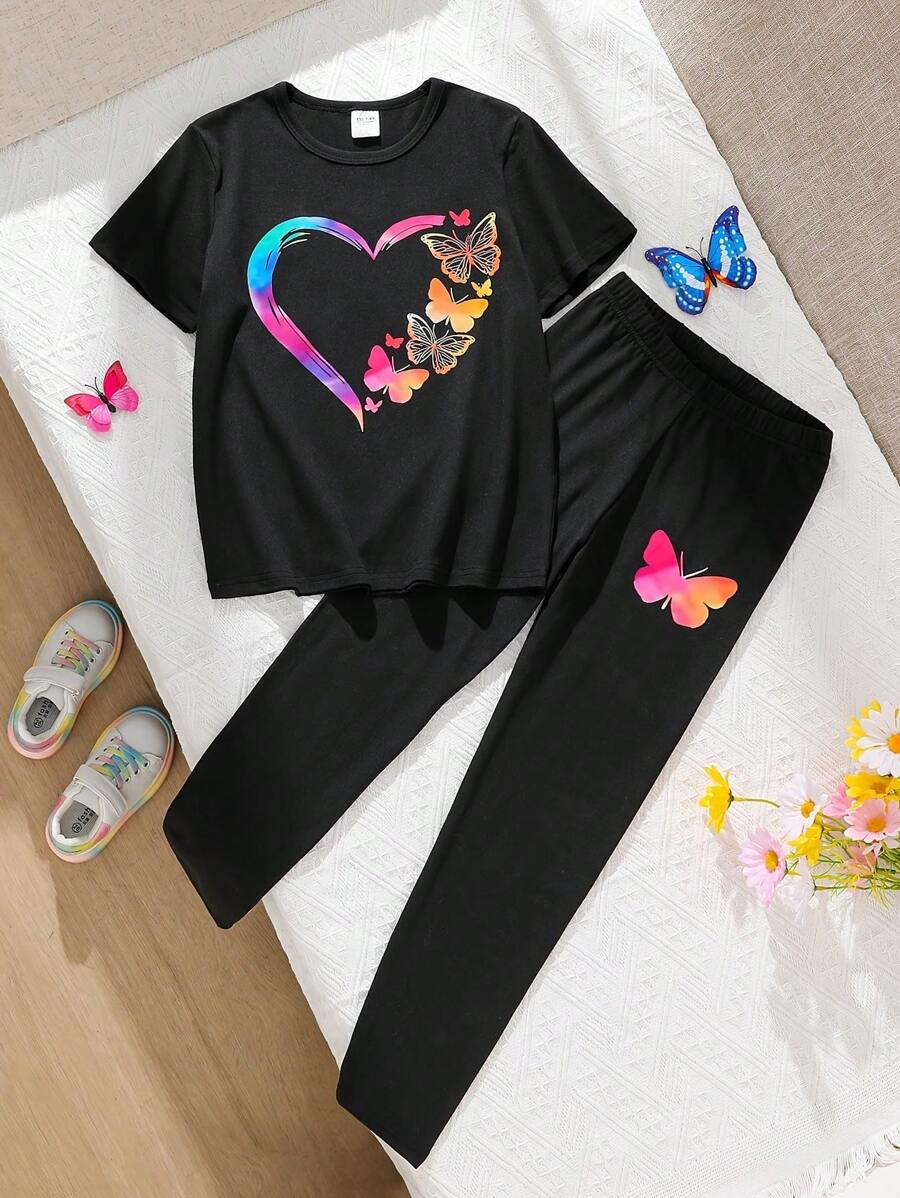 2pcs/Set Summer Fashionable Teen Girls Heart & Butterfly Print Short Sleeve Top And Solid Color Pants Set, Comfortable Daily Casual Outfit