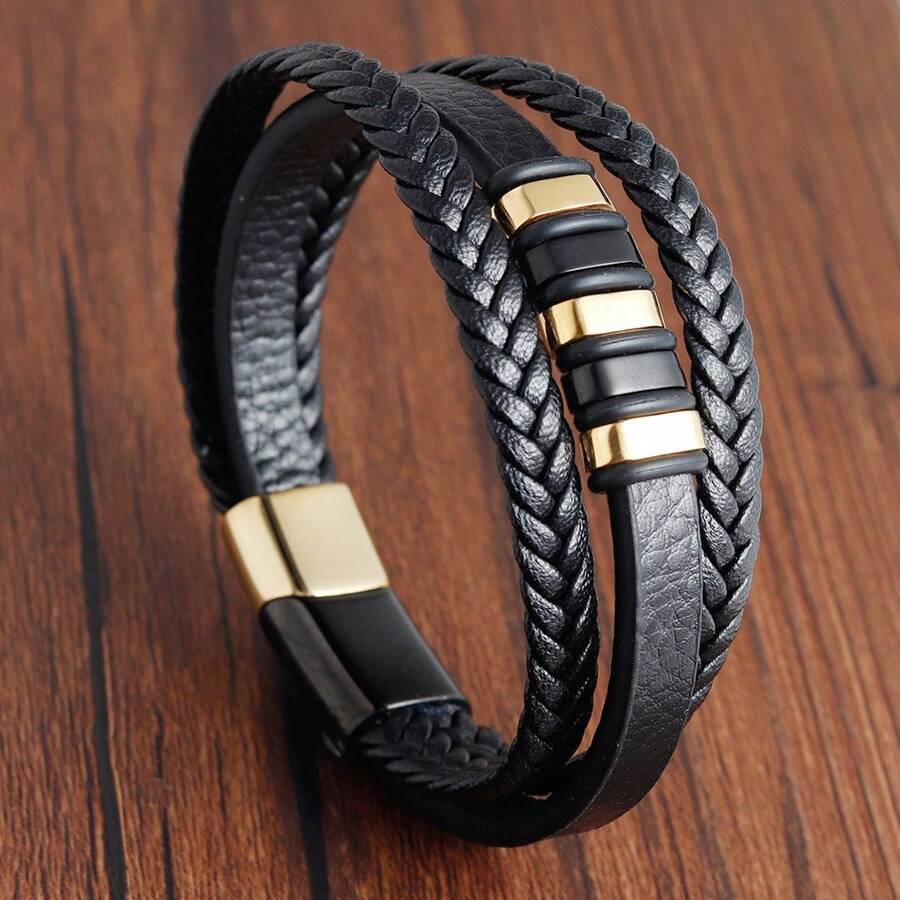 Fashion Classic Handmade Braided Multi-Layer Magnetic Buckle Leather Bracelet For Men