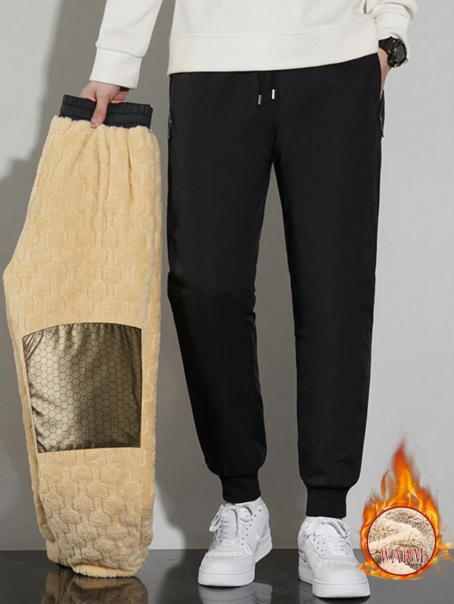 1 pieza Pantalón de ejercicio con forro polar grueso, resistente al agua, con cordón y bolsillos con cremallera para hombre, invierno