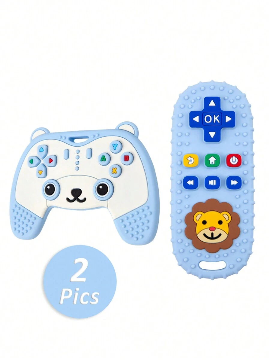 2er Set, Silikon Cartoon Bär Gamecontroller Beißring Spielzeuge, Baby beruhigende Zahnstufen, Löwenmuster Silikon simulierte TV Fernbedienung Lernbeißring Spielzeuge, Unterhaltende Gamecontroller Beißring Spielzeuge, perfekte sensorische Kau-Spielzeuge für 0-3-6-12 Monate Babys