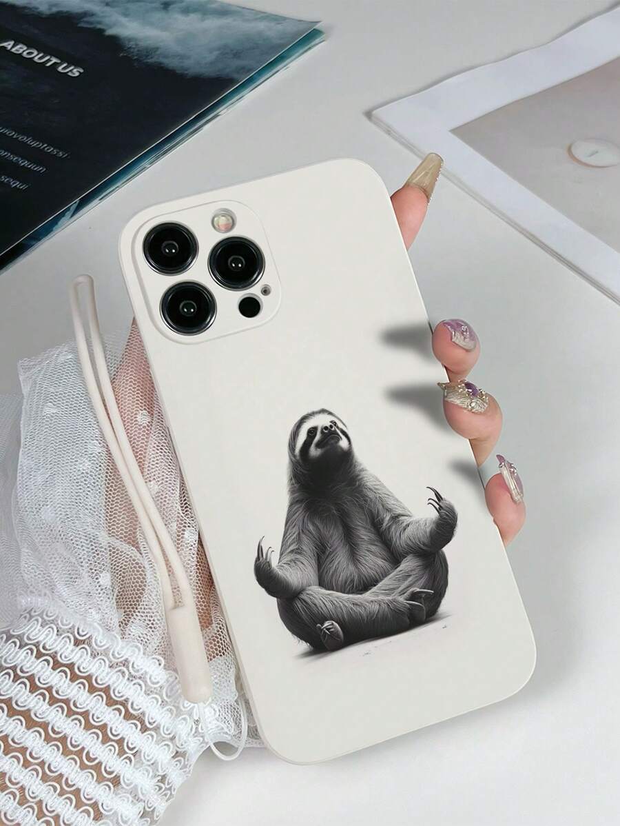 1pc White TPU Slouchy Sloth Pattern Protective Phone Case & 1pc White Silicone Lanyard Strap, Compatible With IPhone, Samsung, OPPO Phone Models