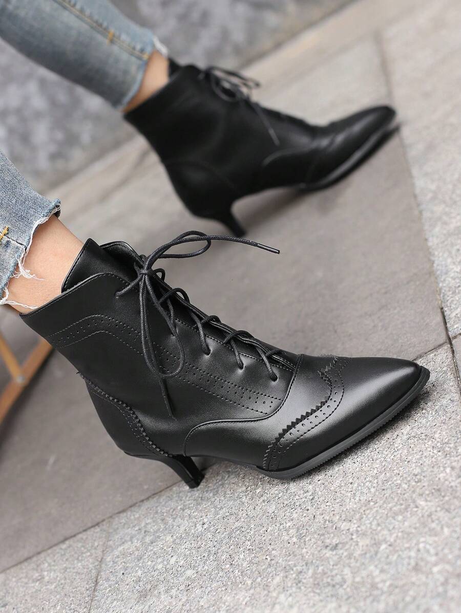 Black Pointed Toe Lace-Up Short Boots With Kitten Heels For Women