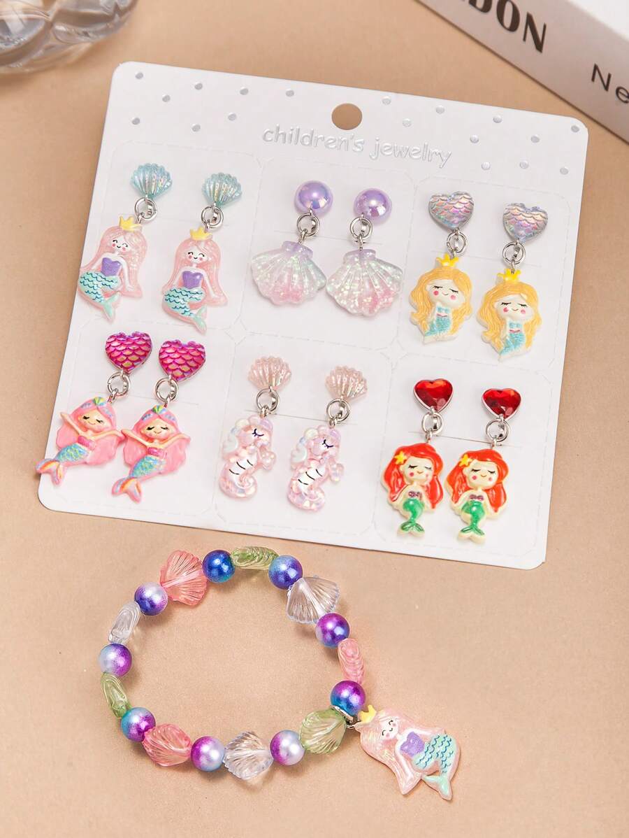 13PCS Girls Color Clip-On Earring Bracelet Accessory Set, Cute Cartoon Butterfly Mermaid Shell Pretend Princess Jewelry No Earring Earring Game Earring Earring Earring Pad, Suitable For Birthday Party Gifts And Daily Use