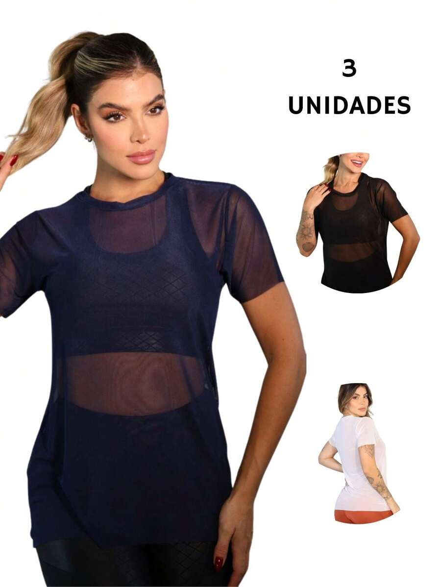 Kit 3 Blusas Fitness Tule Feminina Transparente Longa de Manga Conforto Academia