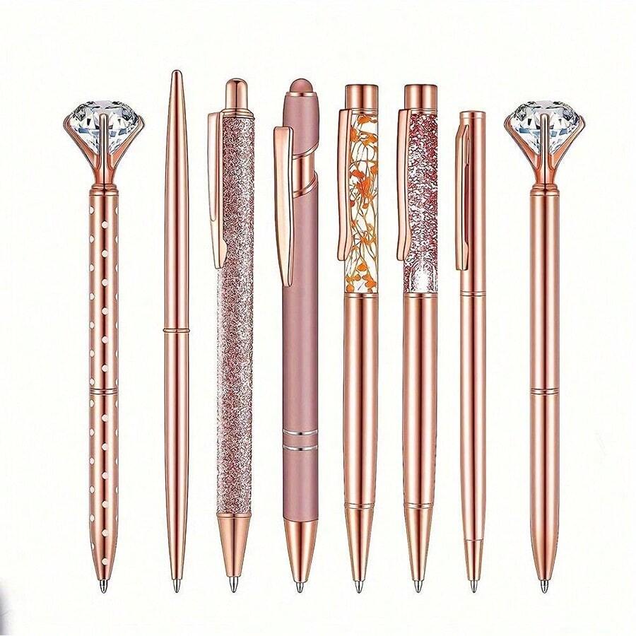 3/5/8pcs Rose Gold Ball Pen Set, Liquid Sand Shimmer Pens, Metal Crystal Rhinestone Ballpoint Pen, Black Ink, Gift For Girls, Wedding, Office Desk Supplies Back To School