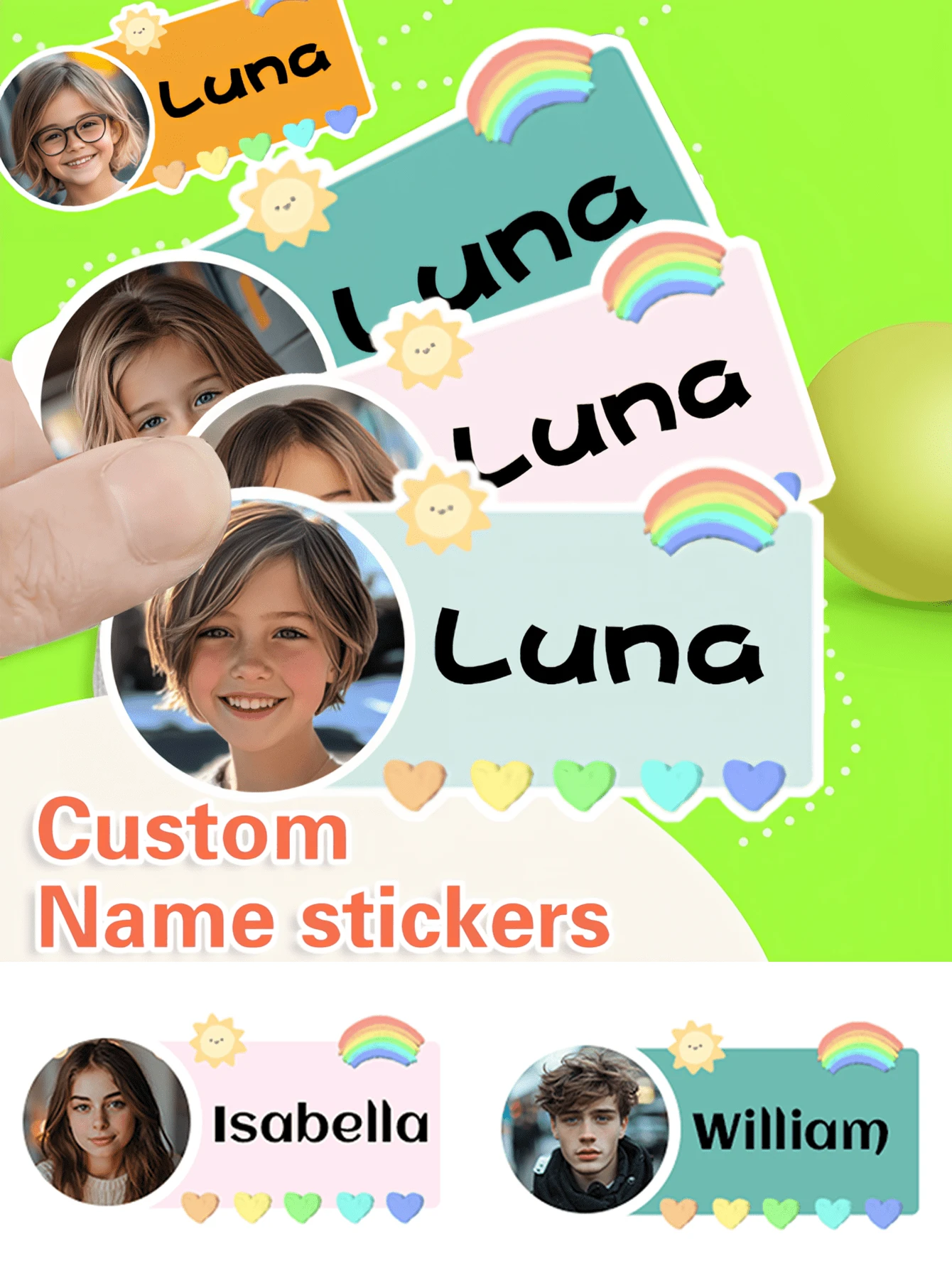 60pcs Custom Personalized Kids Fun Selfie Photo DIY Face Name ID Cartoon Nursery Vinyl Backpack Cute Themed Stickers Gift School Supply Students Lunchbox Label Classroom Stationery Tags Label Nam Waterproof, Seal, No-Iron, Reusable, Adhesive Exquisite, Cute, Adorable, Colorful Custom, Personalized, Unique Ideal Gifts For Him Her, Family, Friends, Son, Daughter, School Students, Kids For Anniversaries, For Children's Day, For Birthdays School, Home
