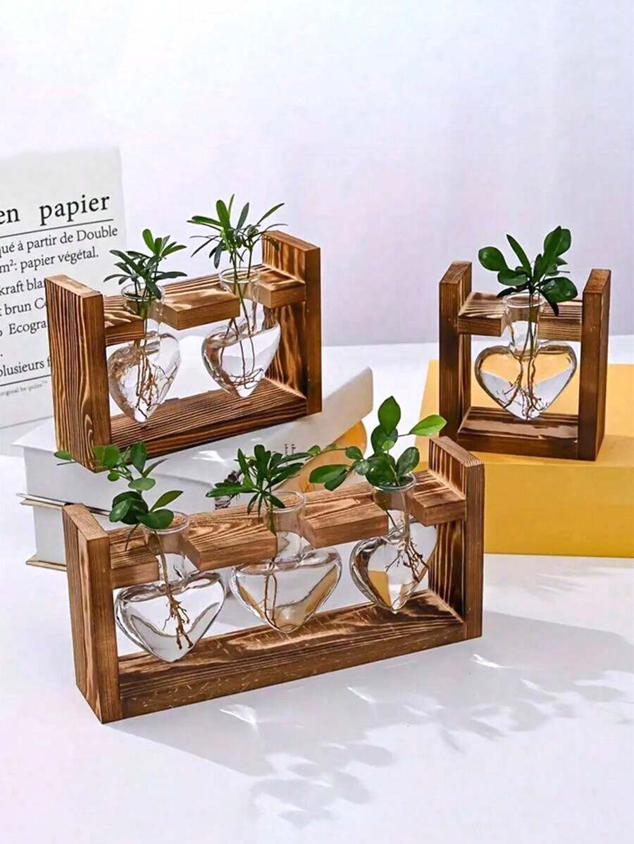 1pc Creative Wooden Frame Glass Planter, With Wooden Stand, For Indoor Hydroponic Plant, Home/Office/Garden Decor, Gift For Plant Lovers