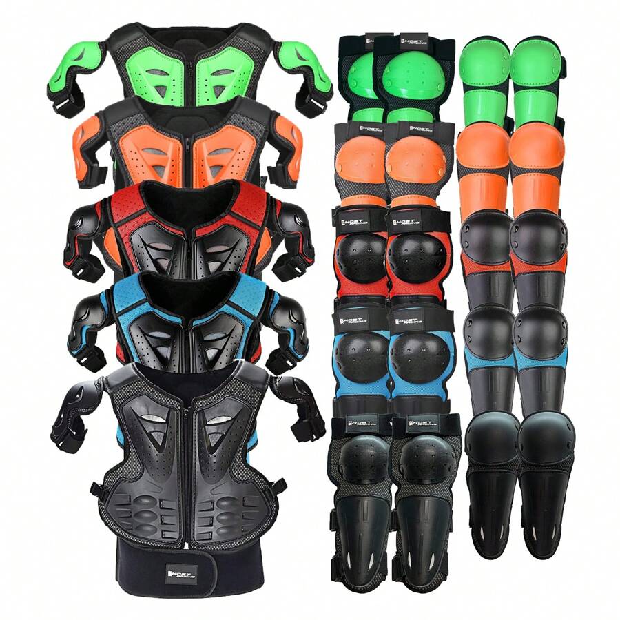Equipo de moto de campo para niños, 5 piezas, chaqueta de protección de motocicleta juvenil, equipo de protección para motocross con coderas, rodilleras y protector de pecho, apto para niños y niñas de 4 a 12 años, para bicicleta de montaña y ciclismo
