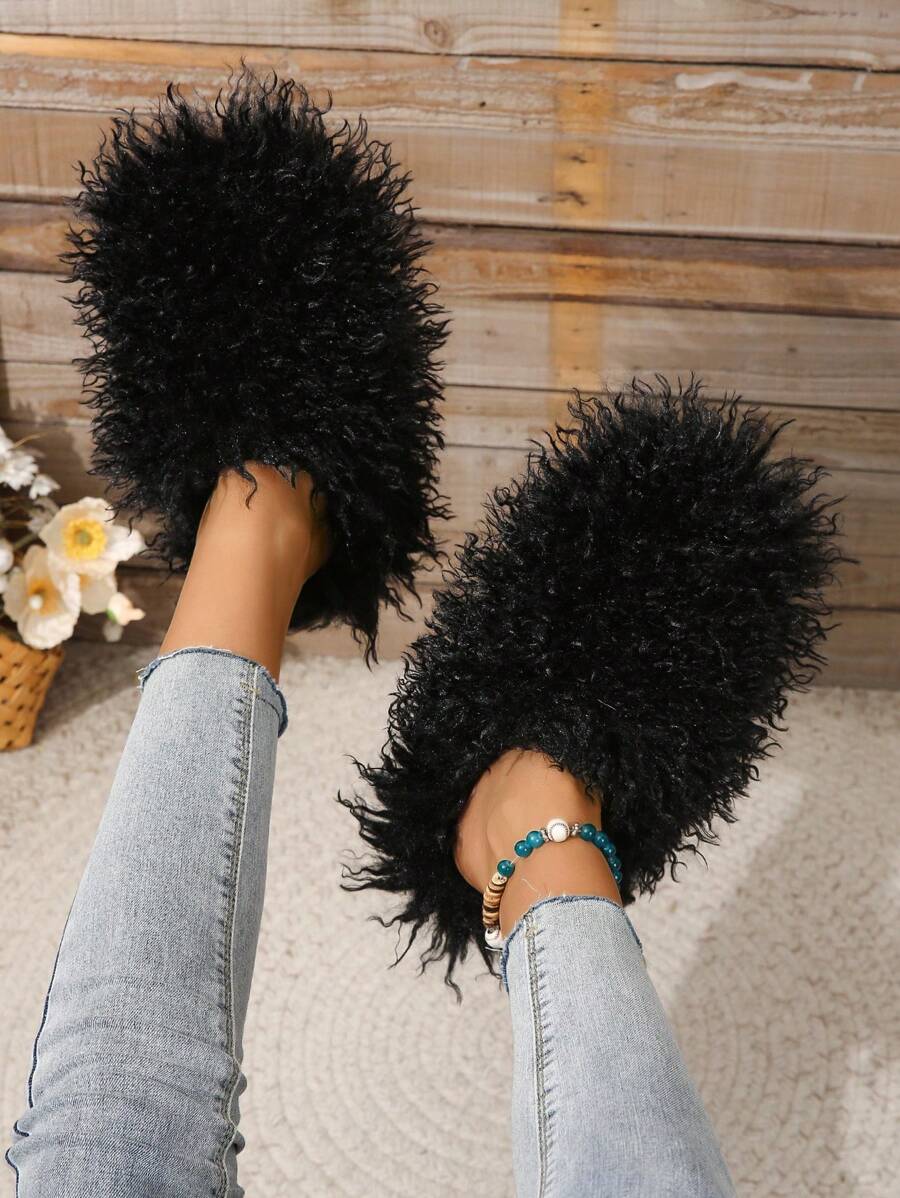 Fluffy Fleece Slide Slippers For Women, Warm Indoor Home Fuzzy House Shoes, Winter