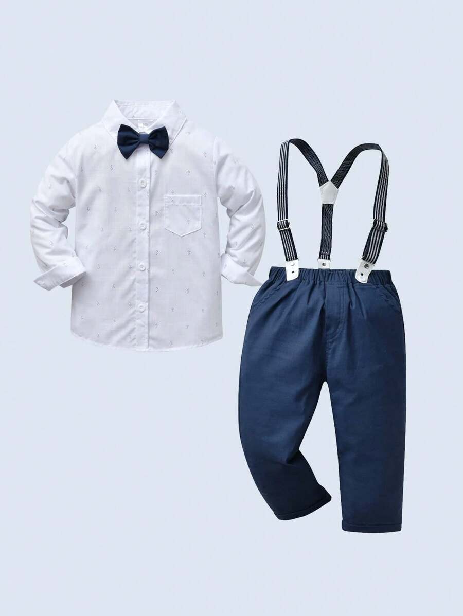 BOARNSEORL 2 peças de roupa de cavalheiro para meninos, camisa branca de manga comprida com gravata borboleta e calças suspensórias azul-marinho, traje formal da moda para festa de aniversário, casamento, comemoração de aniversário