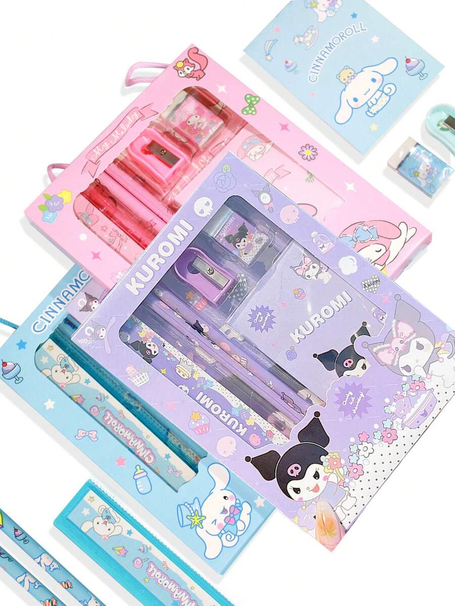 Sanrio Sanrio My Melody Kuromi Cinnamoroll Hello Kitty Riglă de desene animate Ascuțitoare de creioane Eraseră Set de caiet Desen creativ Rechizite de birou Kitty Cat Kit de papetărie Cadouri (Unele părți pot fi aleatorii) (Designul pachetului este aleatoriu)