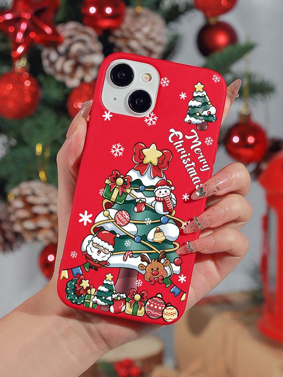 1 pieza Funda de teléfono roja compatible con iPhone con eslogan navideño, árbol de Navidad y patrón de copos de nieve