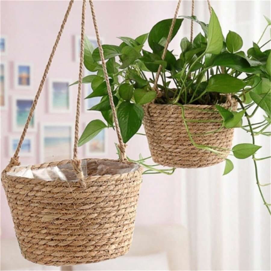 Handcrafted Woven Basket Hanging Planter With Jute Rope - Perfect For Indoor Or Outdoor Decor (Random Color) Gifts Birthday Graduation
