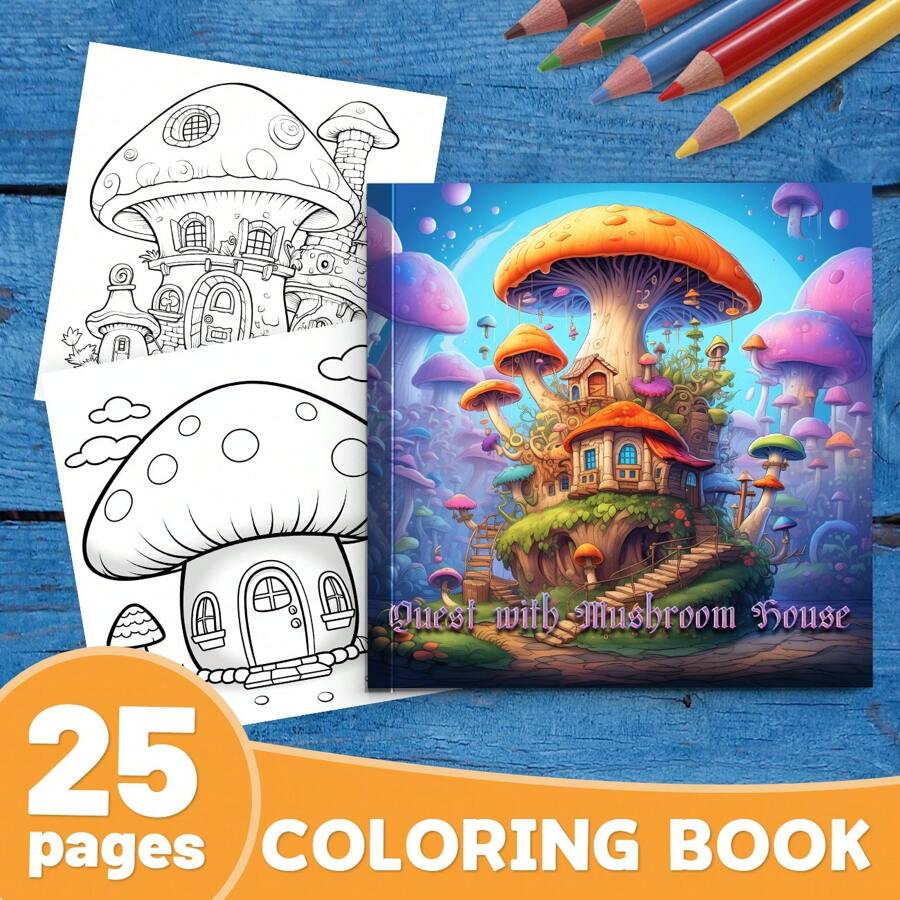 Purple Mushroom House Coloring Book - 1pc 25 Unique Pages, Upgraded Thick Paper, Decompressing Coloring Book, Improves Creativity And Concentration, Ideal For Halloween And Christmas Gifts Back To School