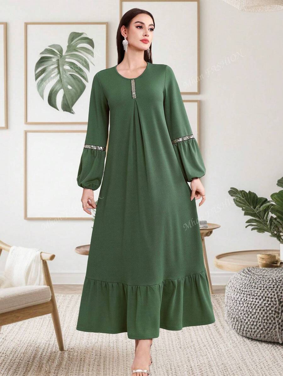 Spring & Summer Clothes Women Sparkly Patchwork Lantern Sleeve Clothing New Long Sleeved Women's Skirt Solid Color Long Skirt Kaftan Ladies Loose Ruffle Trim Decorated Elegant Maxi Dress