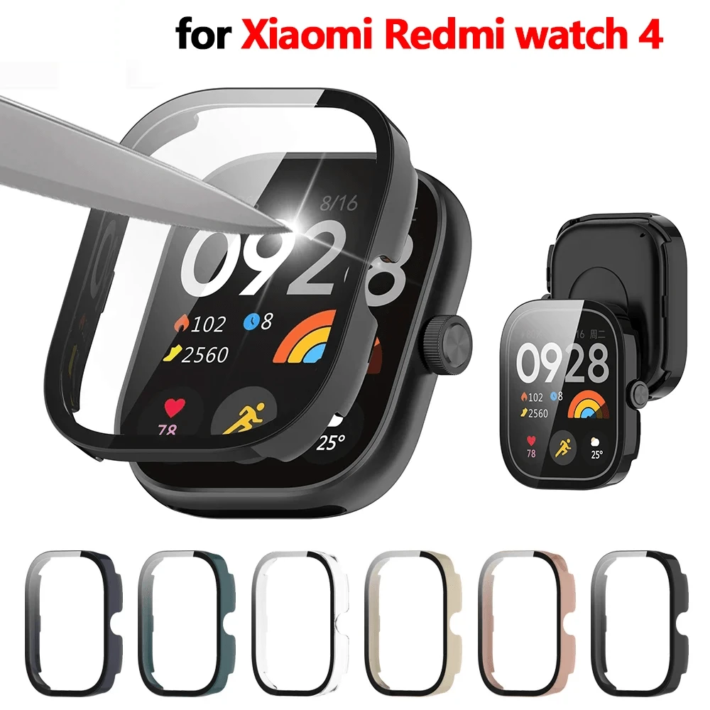 Capa de PC + Vidro Compatível com Xiaomi Redmi Watch 4, Película Anti-Arranhões de Vidro Temperado, Capa Protetora Amortecedora