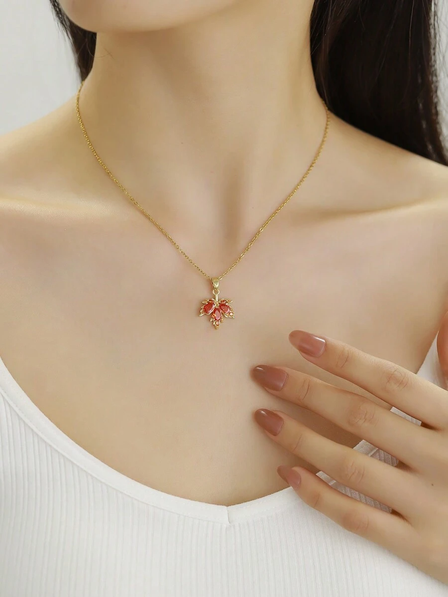 1pc Canada Autumn Red Maple Leaf Zirconia Pendant Necklace, Suitable For Daily Wear By Women