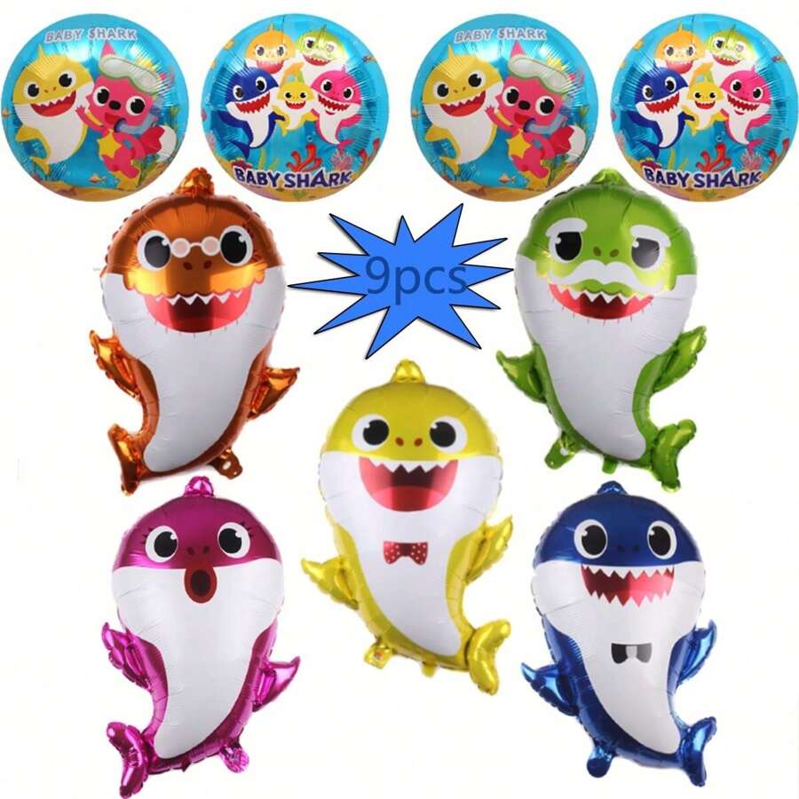 9pcs/5pcs 5 Designs Shark Family 18-Inch Happy Birthday Foil Balloon Oceanic Theme Party Decorative Balloon Set,