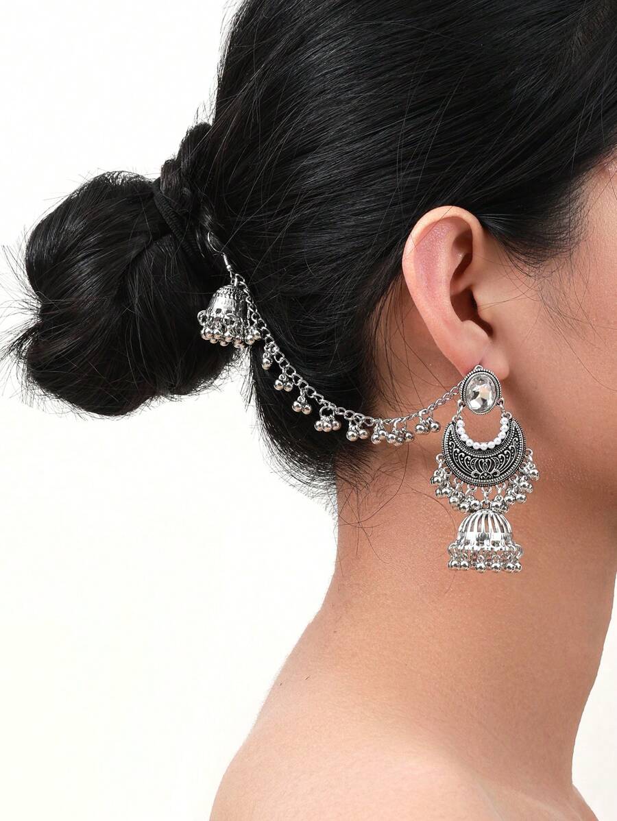 2pcs 2024 New Bohemian Style Women Jewelry Earrings - 1 Pair Vintage Finish Zinc Alloy Earrings With White/Black/Green Rhinestones & Faux Pearl Beads Tassel Design, Perfect For Daily Wear And Gifting