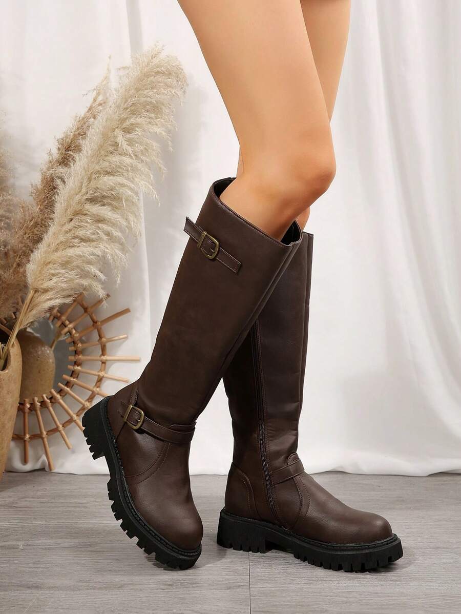 Women's Fashion Round Toe Side Zipper Thick Sole Over-The-Knee Casual Boots